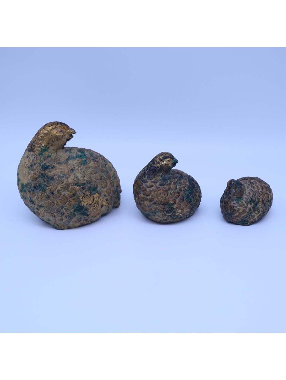 Vintage Verdigris Brass Quail Bird Figurines Set of 3 Nesting Partridge Family